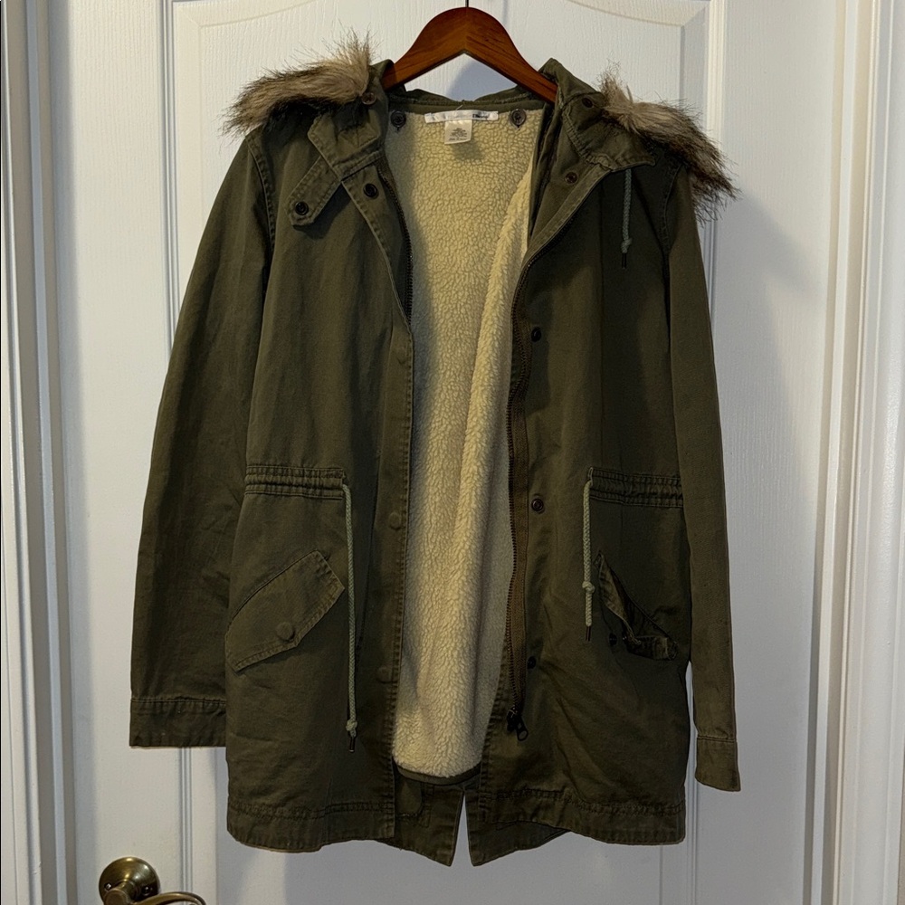 Ellison Olive Utility Jacket with Faux Fur Hood